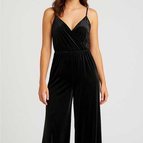Elegant Black Velvet Surplice Jumpsuit - Sleeveless Wide Leg Romper - Picture 1 of 11